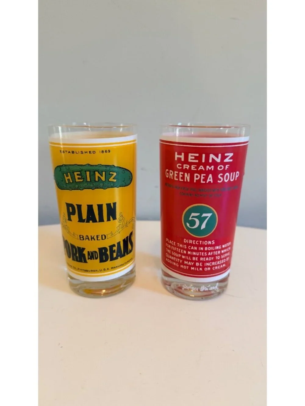 Vintage Georges Briard Heinz Soup Can Design Drinking Glasses Set of 2
